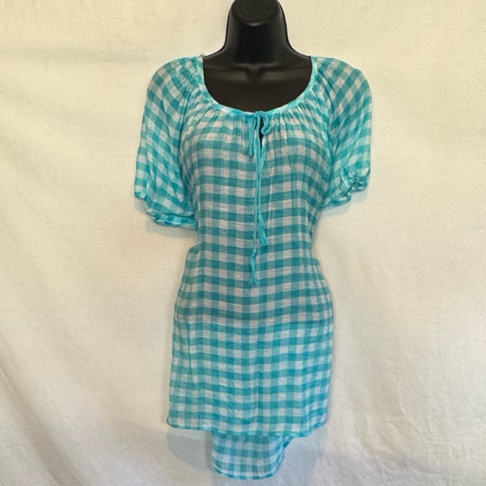 F-133 Grand‎ & Greene Teal & White Gingham Short Sleeve Pullover Blouse Size XL